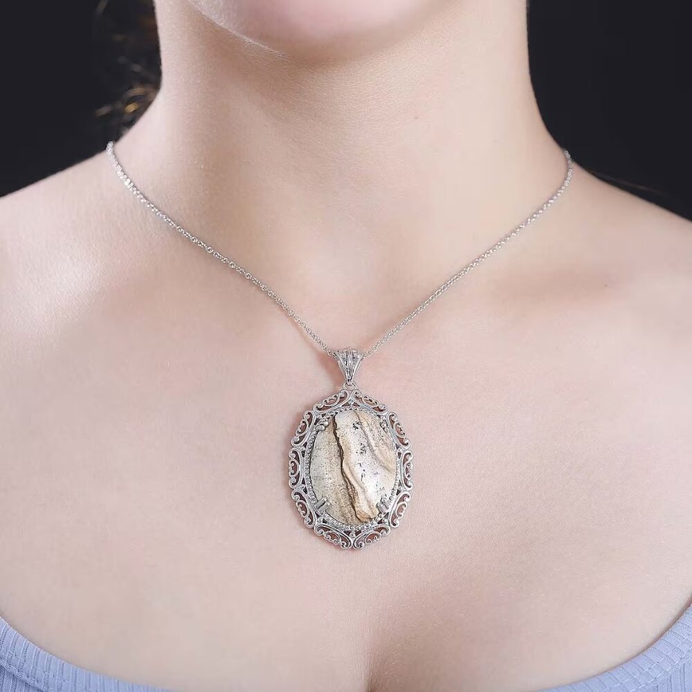 NWT Picture Jasper 34.00 ctw Pendant Necklace 20 Inches in Stainless Steel